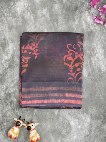 Maheshwari fancy saree black color allover prints & zari border with short pallu and attached printed blouse