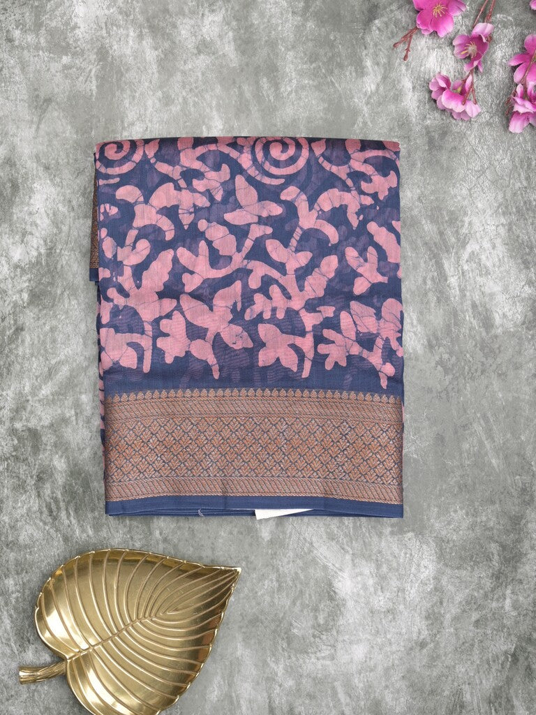 Maheshwari fancy saree berry blue color allover prints & zari border with rich pallu and attached printed blouse