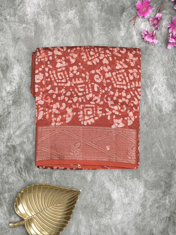 Maheshwari fancy saree brick red color allover prints & zari border with rich pallu and attached printed blouse