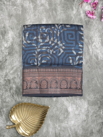 Maheshwari fancy saree navy blue color allover prints & zari border with rich pallu and attached printed blouse