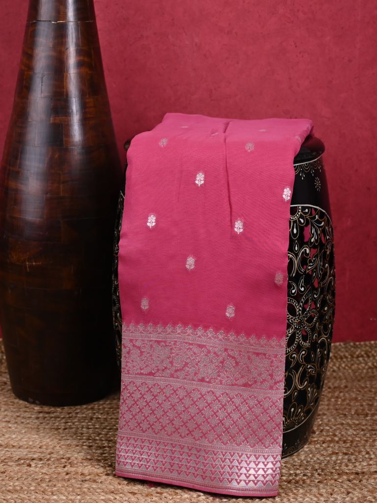 Georgette fancy saree pink color allover zari motifs & big zari border with rich pallu and attached plain blouse