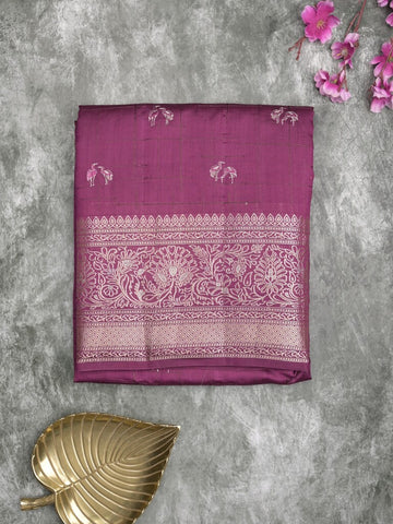 Munga pattu saree dark purple color allover weaves & zari border with short pallu and attached plain blouse