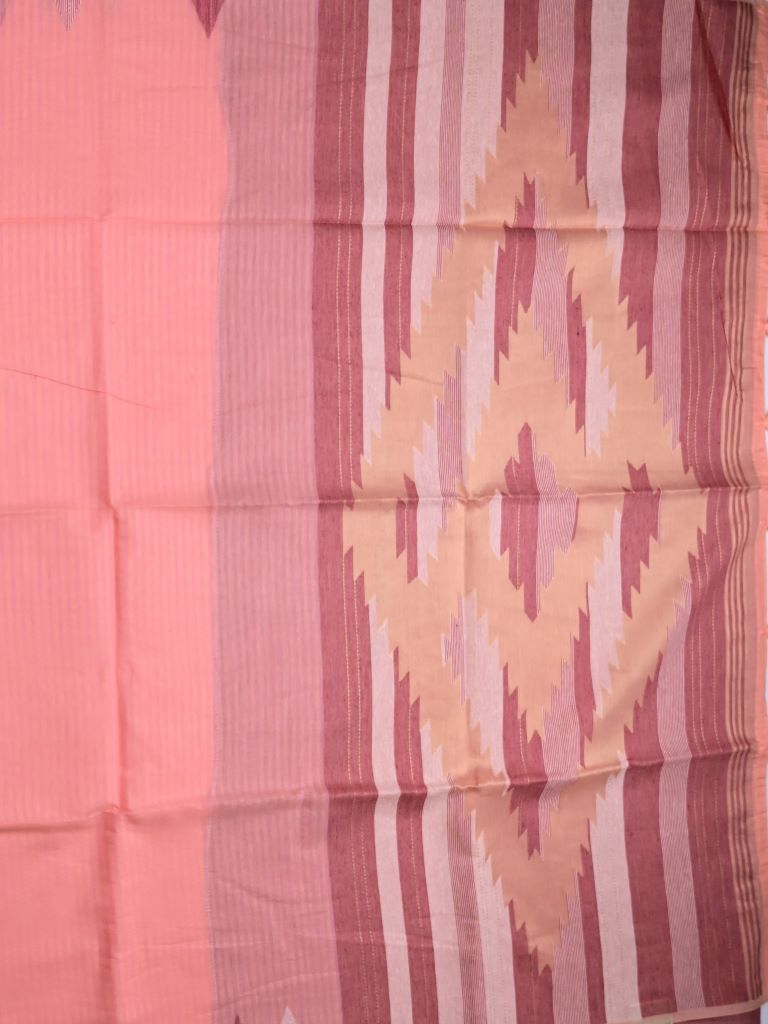 Chanderi fancy saree coral pink color allover plain & temple border with weaving pallu and plain blouse