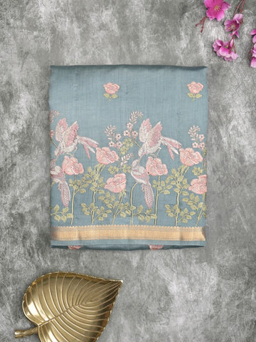 Munga pattu saree light blue color allover embroidery butis & small zari border with short pallu and attached plain blouse