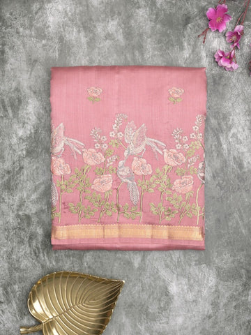 Munga pattu saree baby pink color allover embroidery butis & small zari border with short pallu and attached plain blouse