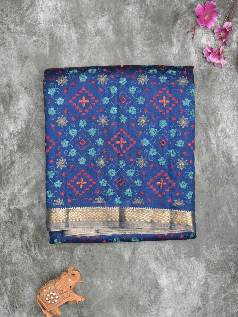 Munga pattu saree royal blue color allover weaves & small zari border with short pallu and attached plain blouse