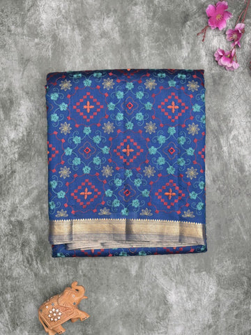 Munga pattu saree royal blue color allover weaves & small zari border with short pallu and attached plain blouse
