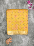 Munga pattu saree golden yellow color allover weaves & small zari border with short pallu and attached plain blouse