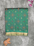 Munga pattu saree bottle green color allover weaves & small zari border with short pallu and attached plain blouse