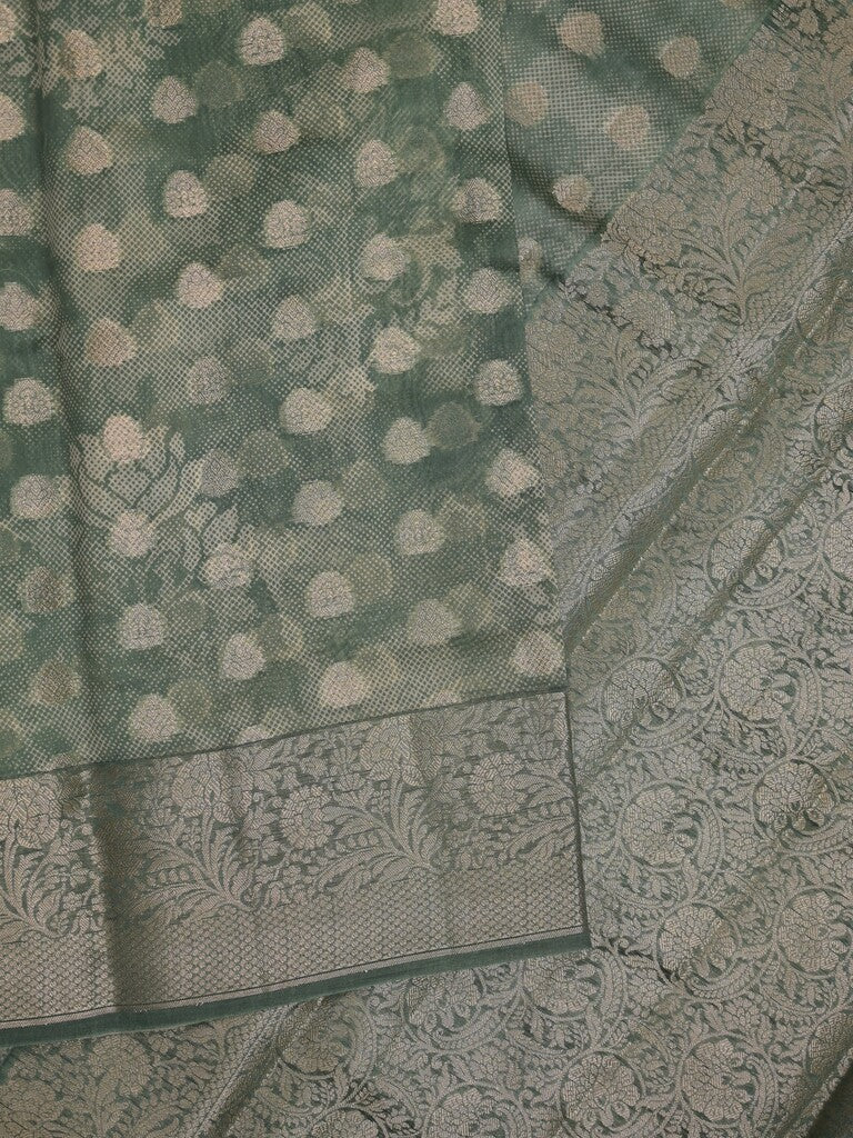 Maheshwari fancy saree grey color allover zari motifs & zari border with brocade pallu and attached plain blouse