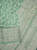 Maheshwari fancy saree lux green color allover zari motifs & zari border with brocade pallu and attached plain blouse