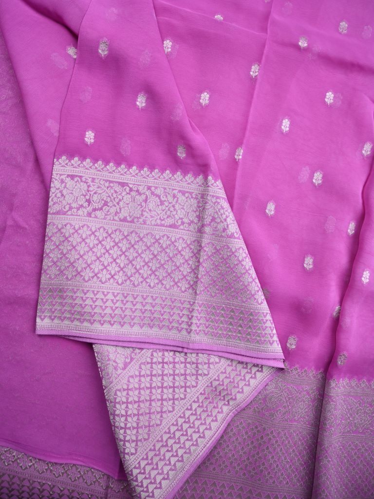Georgette fancy saree purple color allover zari motifs & big zari border with rich pallu and attached plain blouse