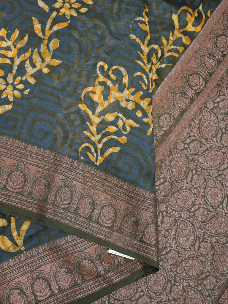 Maheshwari fancy saree navy blue color allover prints & zari border with rich pallu and attached printed blouse