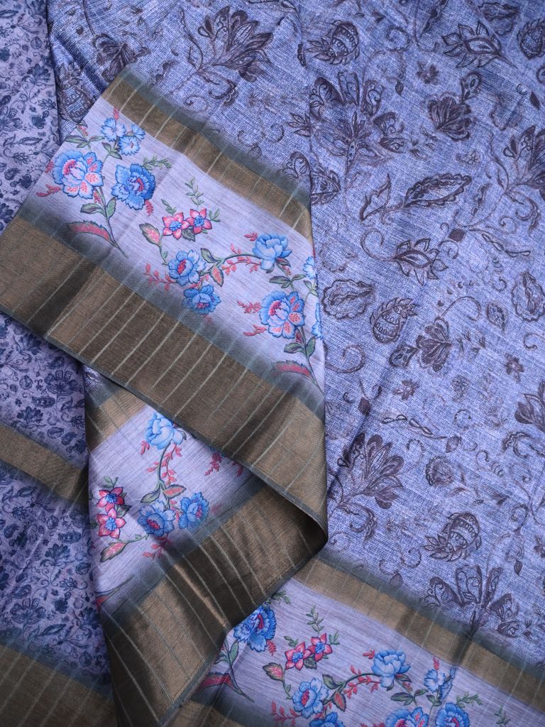 Jute tussar fancy saree lavender color allover plain & printed border with printed pallu and attached blouse