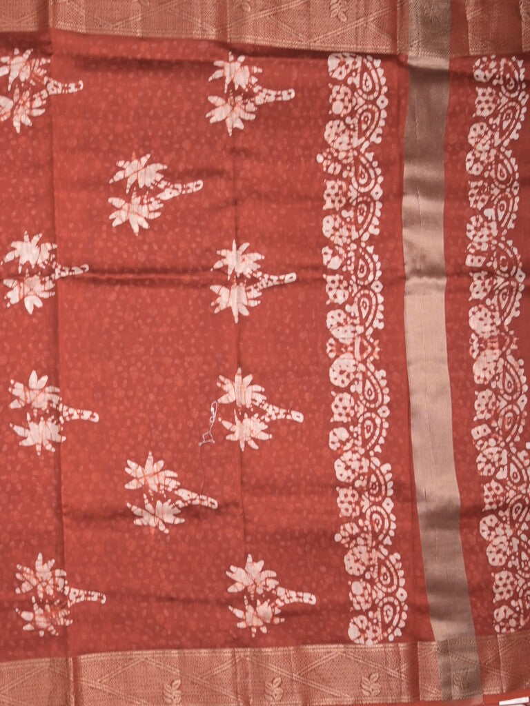 Maheshwari fancy saree brick red color allover prints & zari border with rich pallu and attached printed blouse