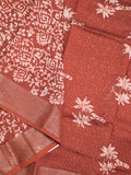 Maheshwari fancy saree brick red color allover prints & zari border with rich pallu and attached printed blouse