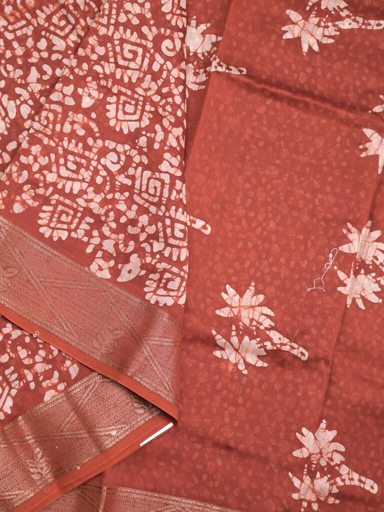 Maheshwari fancy saree brick red color allover prints & zari border with rich pallu and attached printed blouse