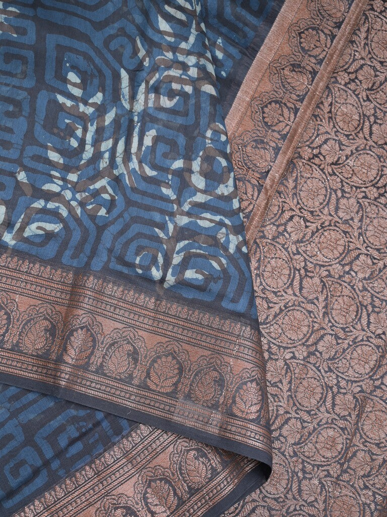 Maheshwari fancy saree navy blue color allover prints & zari border with rich pallu and attached printed blouse
