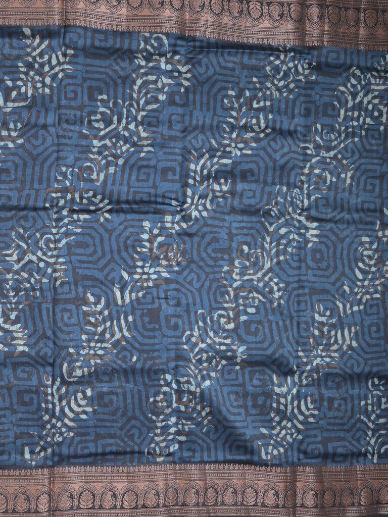 Maheshwari fancy saree navy blue color allover prints & zari border with rich pallu and attached printed blouse