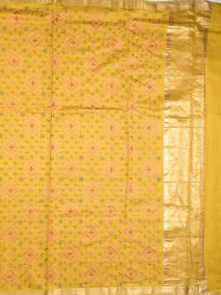 Munga pattu saree golden yellow color allover weaves & small zari border with short pallu and attached plain blouse