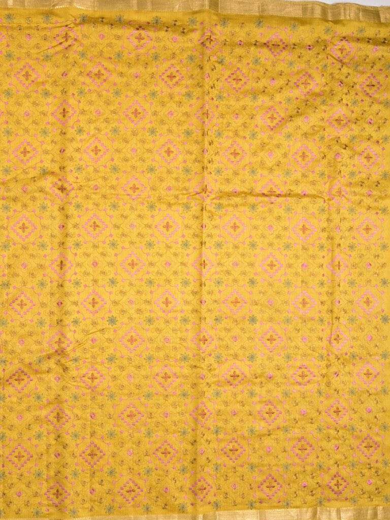 Munga pattu saree golden yellow color allover weaves & small zari border with short pallu and attached plain blouse