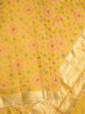 Munga pattu saree golden yellow color allover weaves & small zari border with short pallu and attached plain blouse