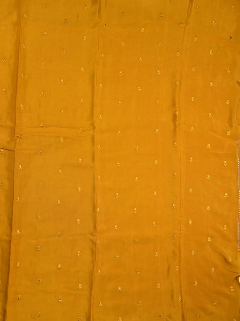 Chinnon fancy saree golden yellow color allover embroidery & fancy border with running pallu and stitched blouse