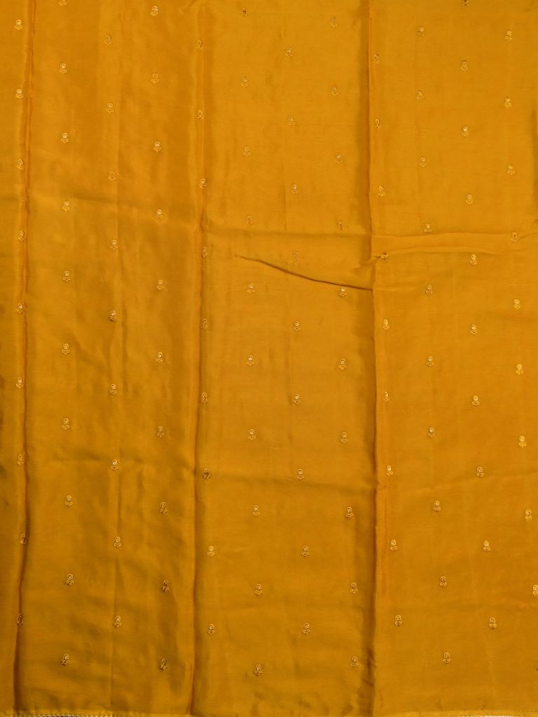 Chinnon fancy saree golden yellow color allover embroidery & fancy border with running pallu and stitched blouse