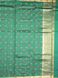 Munga pattu saree bottle green color allover weaves & small zari border with short pallu and attached plain blouse