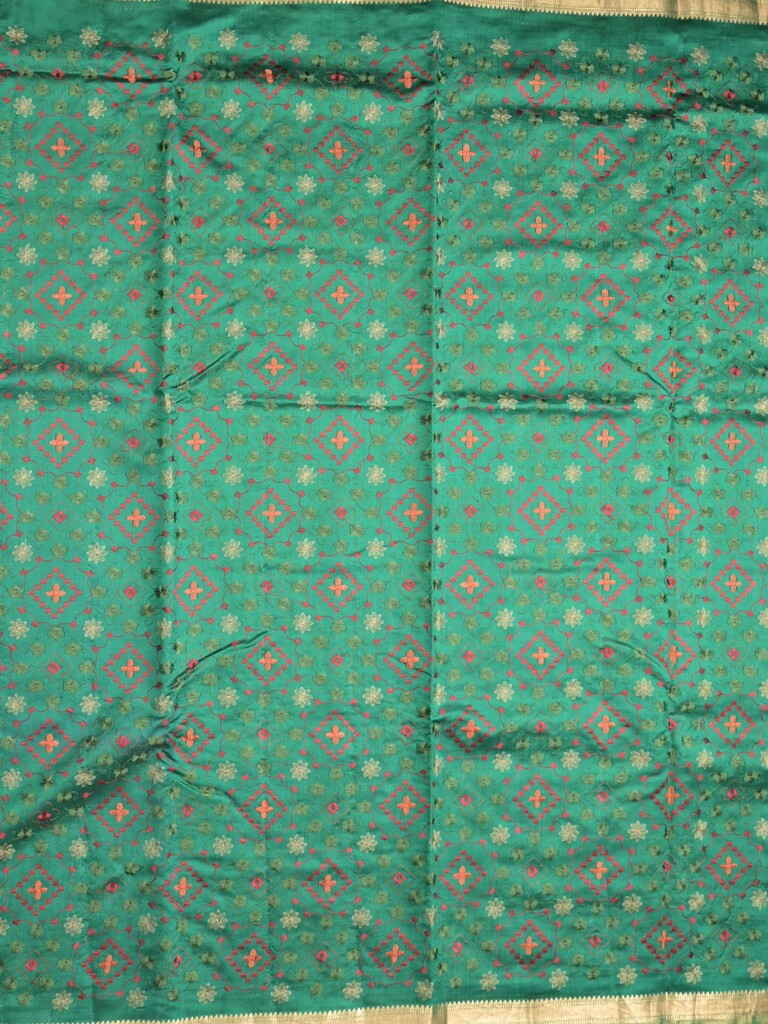 Munga pattu saree bottle green color allover weaves & small zari border with short pallu and attached plain blouse