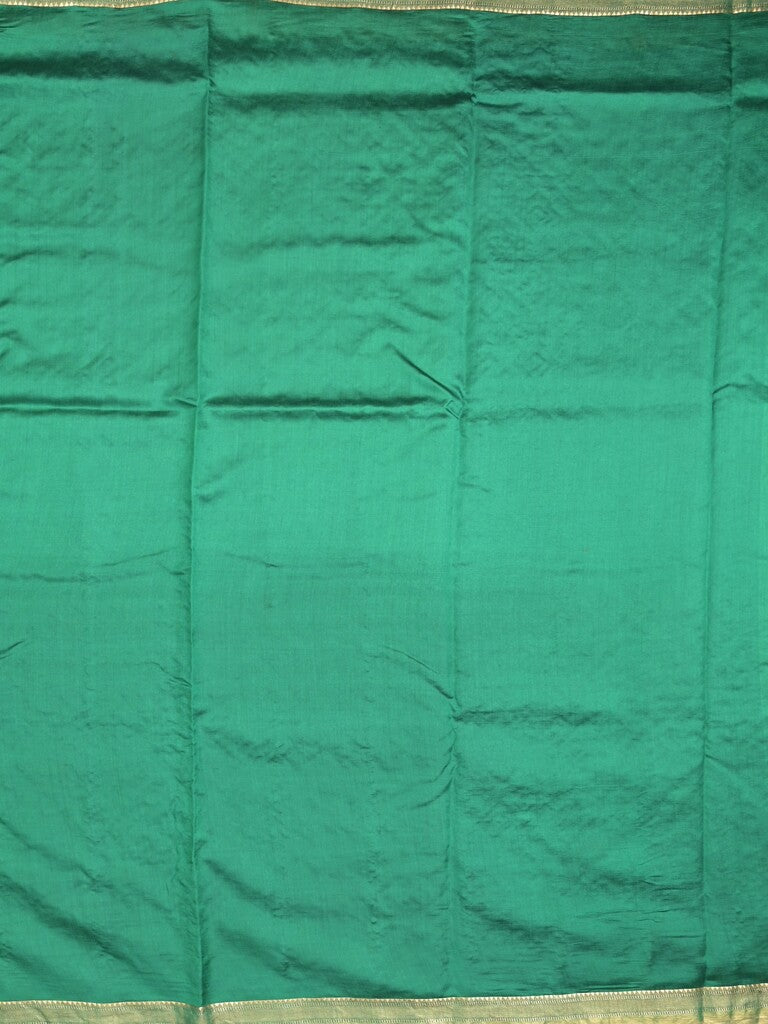 Munga pattu saree bottle green color allover weaves & small zari border with short pallu and attached plain blouse