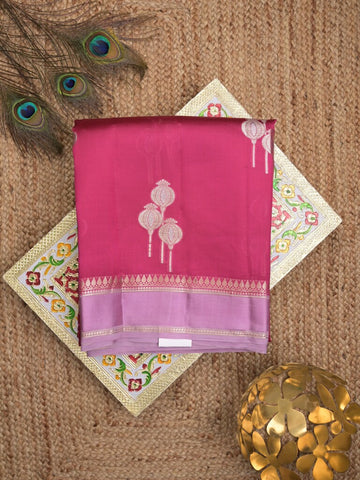 Raw mango pattu saree magenta pink color allover zari weaves & small kaddi border with brocade pallu and contrast blouse