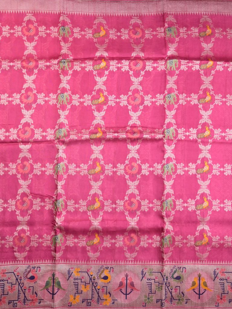 Georgette fancy saree rose pink color allover zari weaves & zari border with brocade pallu and brocade blouse