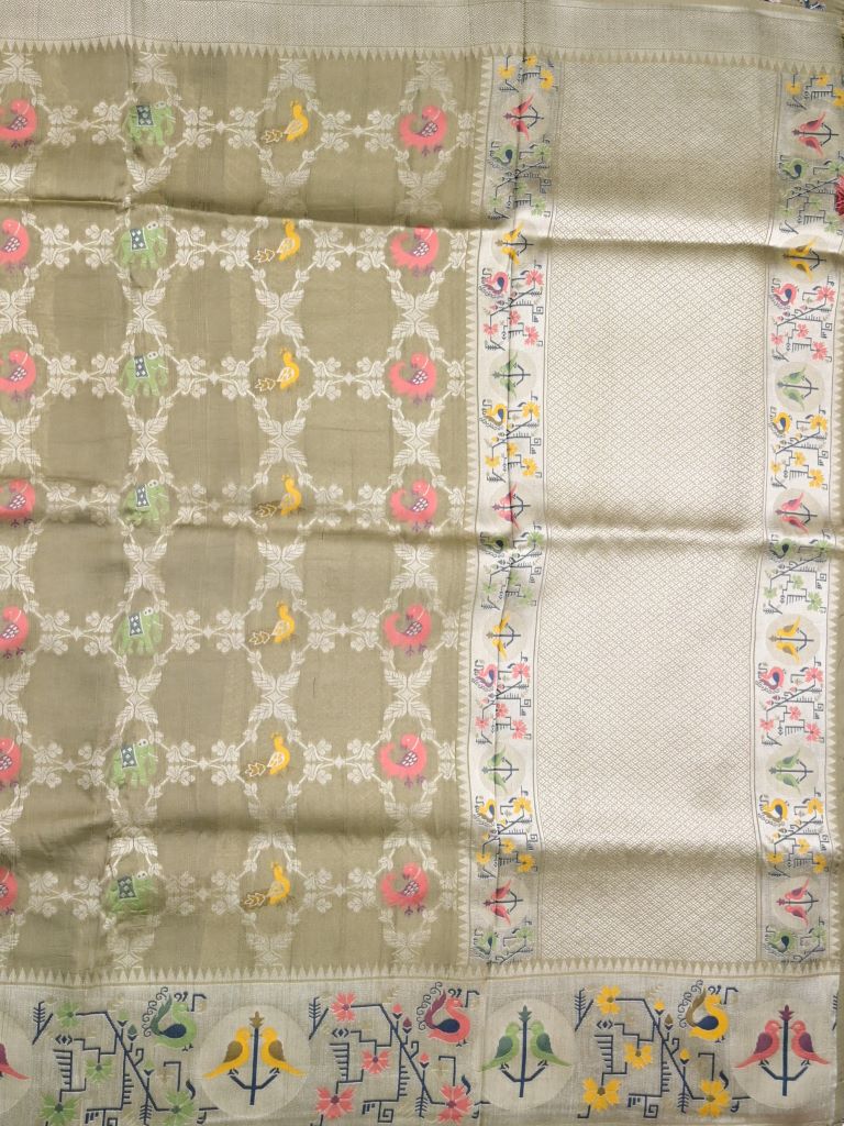 Georgette fancy saree snuff color allover zari weaves & zari border with brocade pallu and brocade blouse