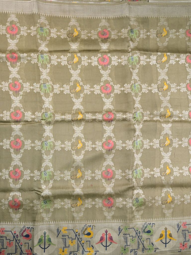 Georgette fancy saree snuff color allover zari weaves & zari border with brocade pallu and brocade blouse