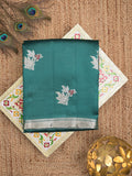 Raw mango pattu saree leaf green color allover zari weaves & small zari border with short pallu and contrast blouse