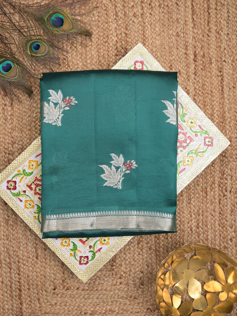 Raw mango pattu saree leaf green color allover zari weaves & small zari border with short pallu and contrast blouse