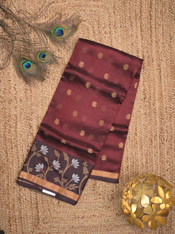 Pure silk kota fancy saree dark maroon color allover zari motifs & zari border with short zari pallu and attached plain blouse