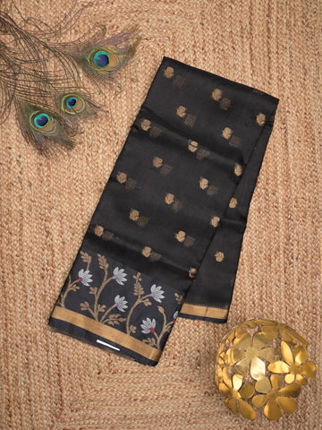 Pure silk kota fancy saree black color allover zari motifs & zari border with short zari pallu and attached plain blouse