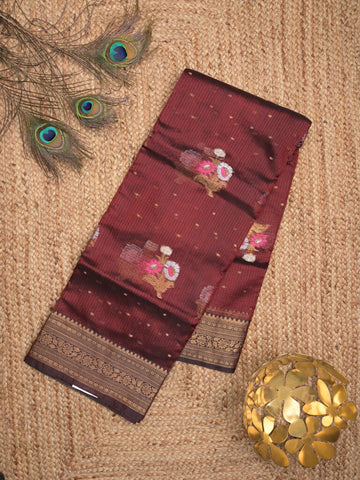 Pure silk kota fancy saree dark maroon color allover zari motifs & zari border with short zari pallu and attached plain blouse