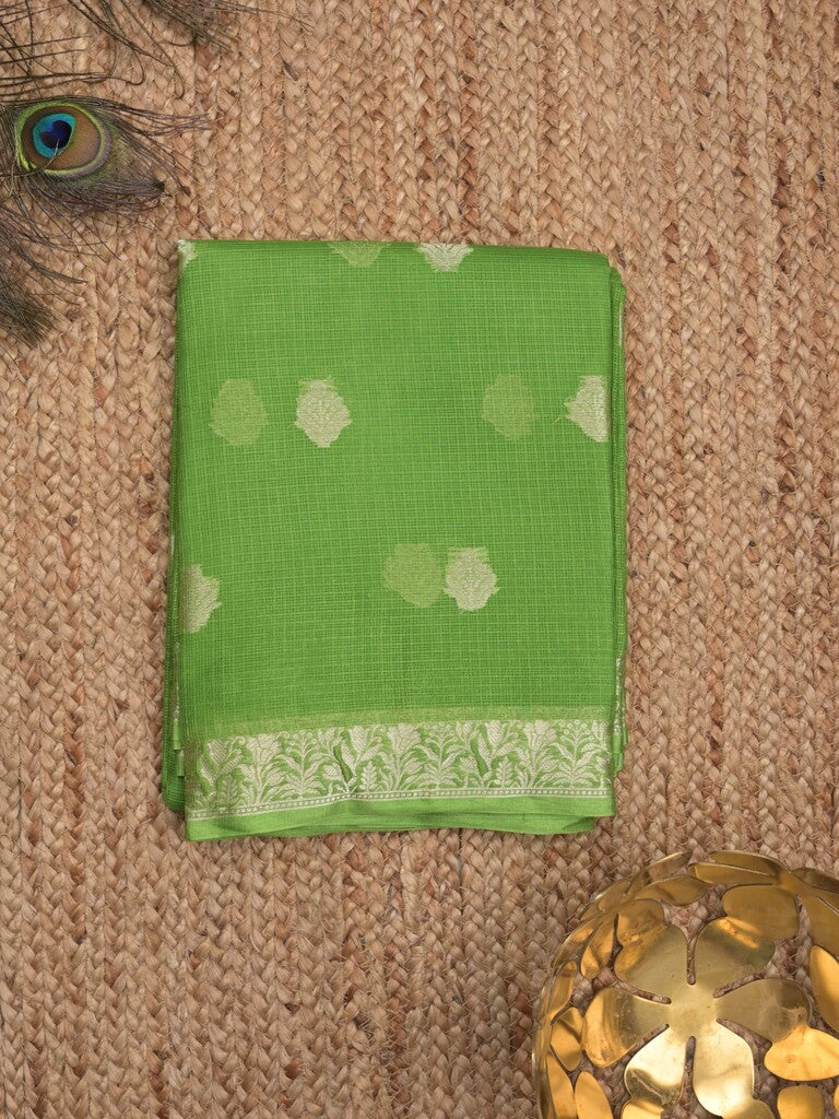 Pure silk kota fancy saree parrot green color allover zari motifs & zari border with short zari pallu and attached plain blouse