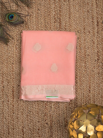 Pure silk kota fancy saree baby pink color allover zari motifs & zari border with short zari pallu and attached plain blouse