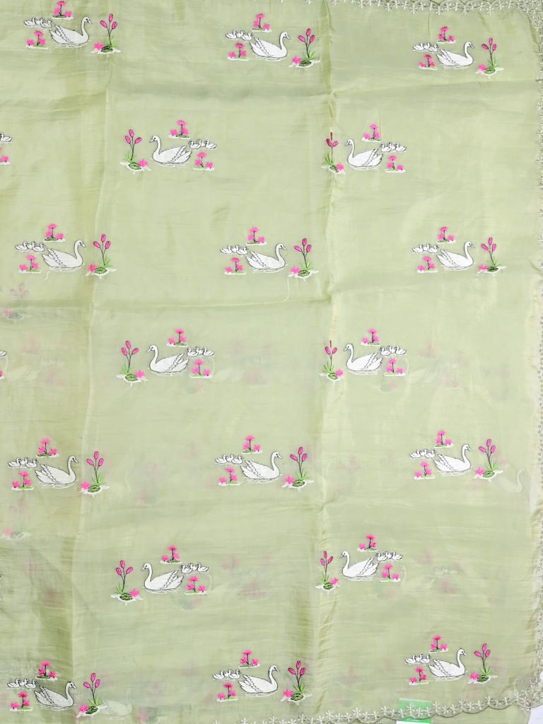 Soft organza fancy saree light pista green color allover embroidery & embroidery border with running pallu and self blouse