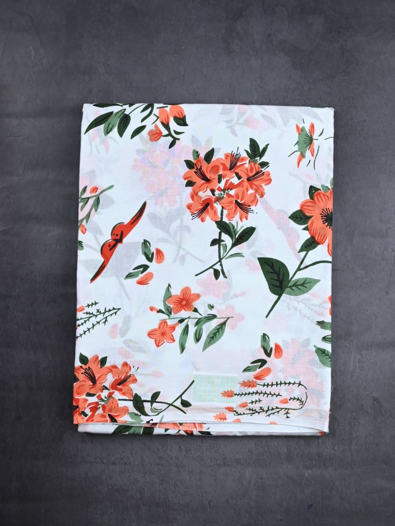 Cotton printed saree white color allover prints & printed border with printed pallu and contrast printed blouse