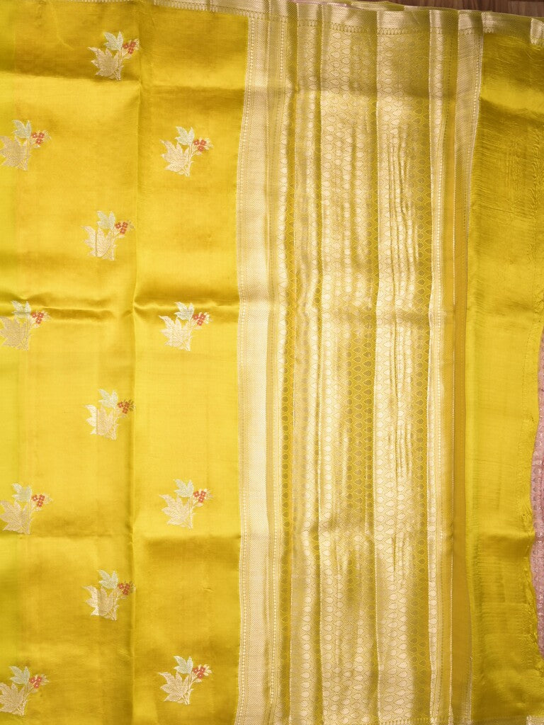 Raw mango pattu saree lemon yellow color allover zari weaves & small zari border with short pallu and contrast blouse
