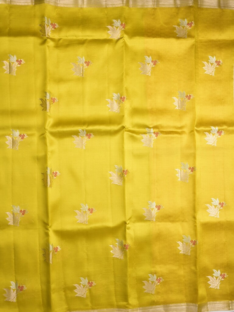 Raw mango pattu saree lemon yellow color allover zari weaves & small zari border with short pallu and contrast blouse