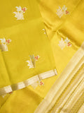 Raw mango pattu saree lemon yellow color allover zari weaves & small zari border with short pallu and contrast blouse