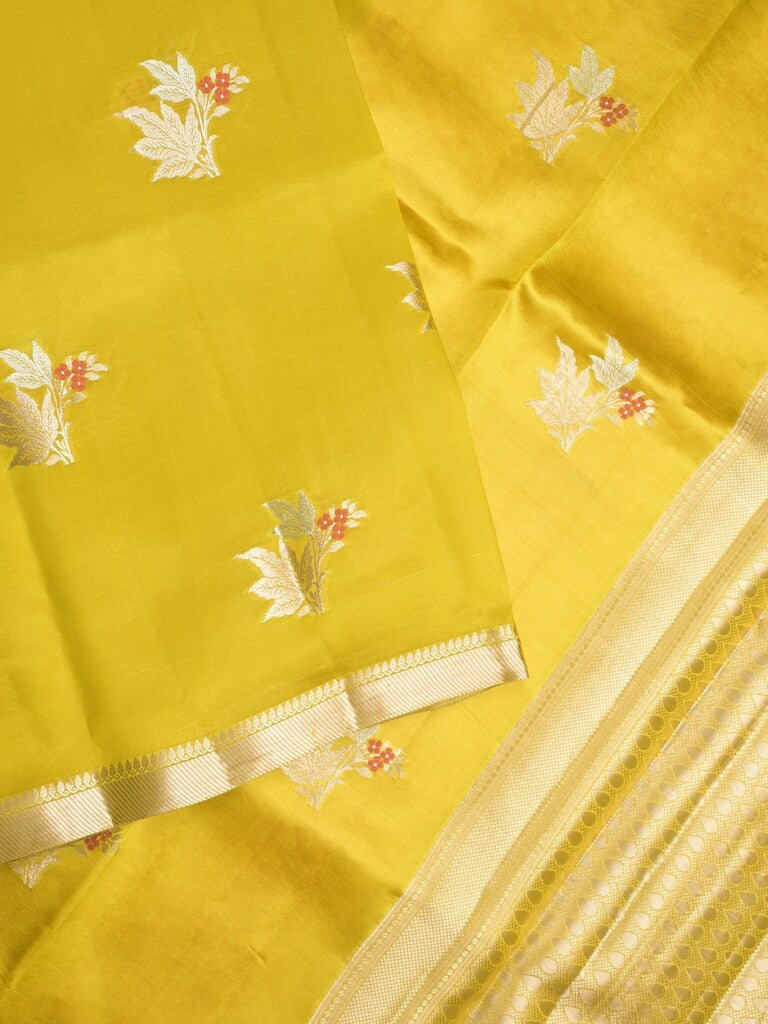 Raw mango pattu saree lemon yellow color allover zari weaves & small zari border with short pallu and contrast blouse