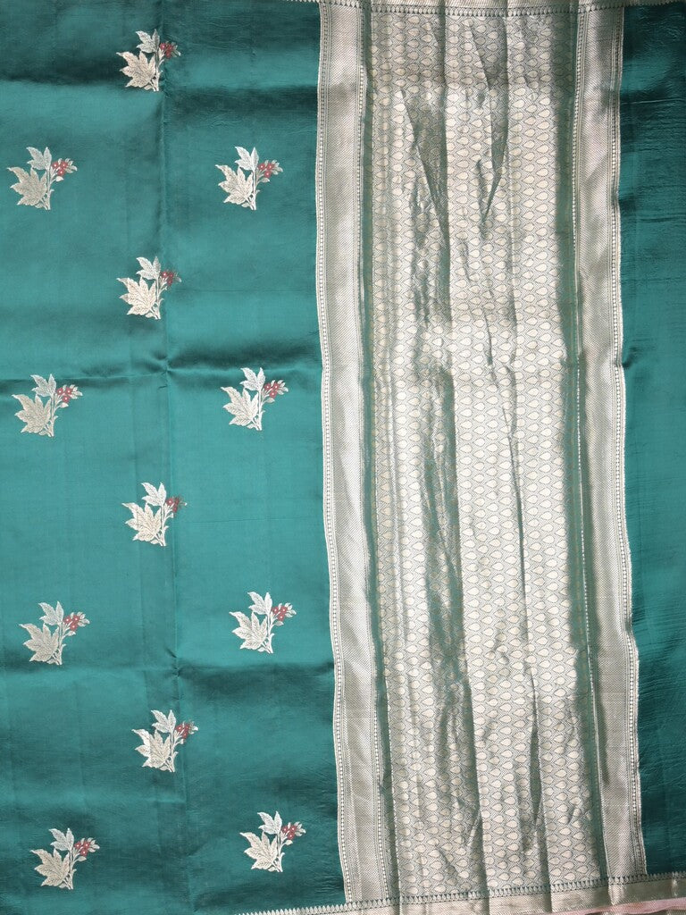 Raw mango pattu saree leaf green color allover zari weaves & small zari border with short pallu and contrast blouse