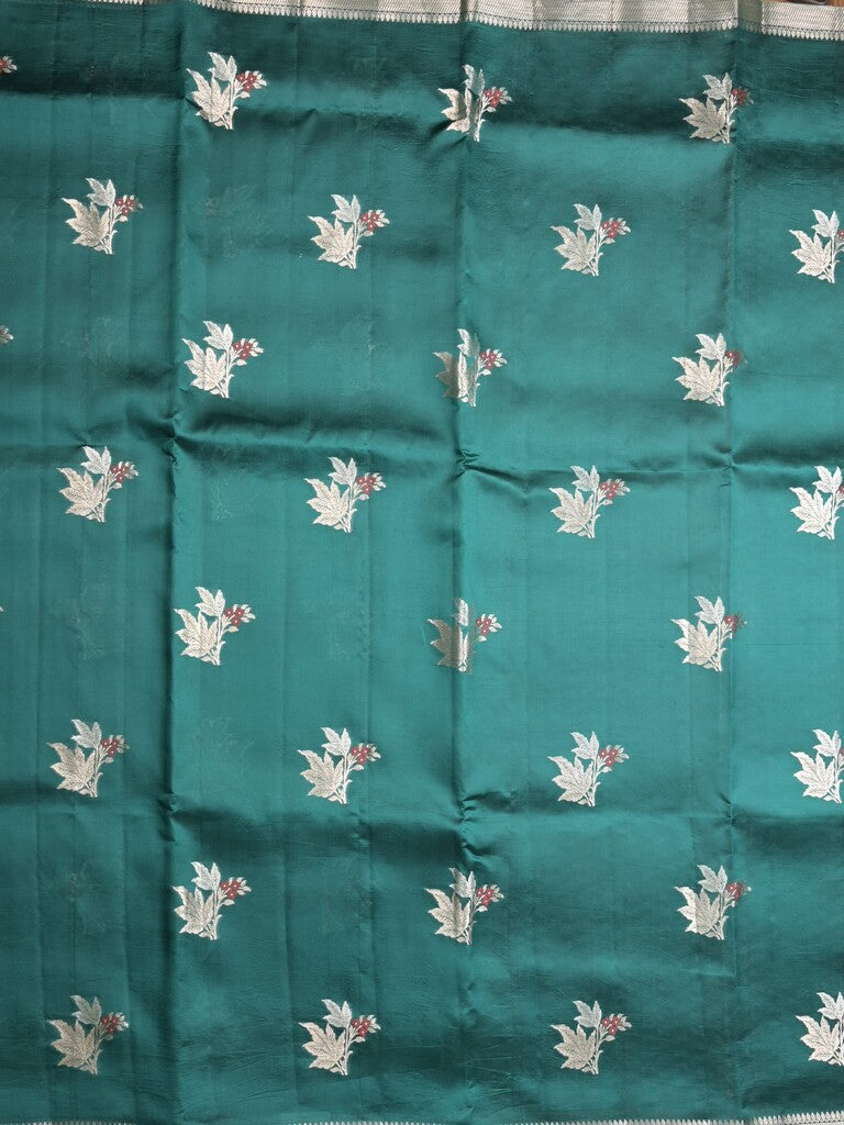 Raw mango pattu saree leaf green color allover zari weaves & small zari border with short pallu and contrast blouse
